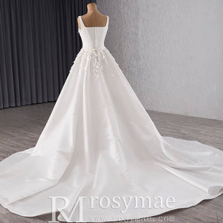 Square Collar A-line Satin Wedding Dress with Detachable Skirt