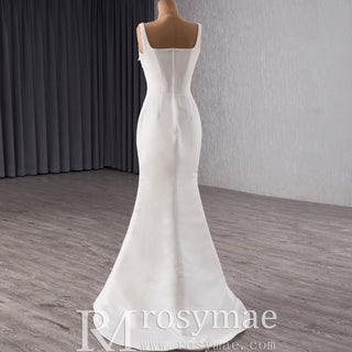 Square Collar A-line Satin Wedding Dress with Detachable Skirt