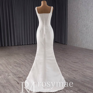 Square Collar A-line Satin Wedding Dress with Detachable Skirt