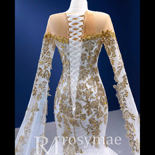 Precioso vestido de novia trompeta de alta gama con manga larga tipo capa