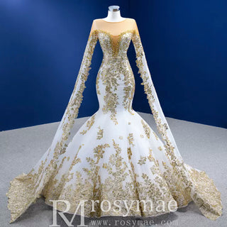 Precioso vestido de novia trompeta de alta gama con manga larga tipo capa