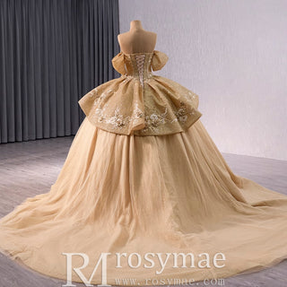 Champagne Gold Wedding Gown Off the Shoulder Quinceanera Dress