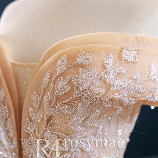 Glittery Champagne Gold Wedding Dress with Off the Shoulder