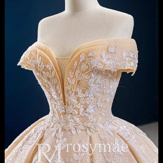 Glittery Champagne Gold Wedding Dress with Off the Shoulder