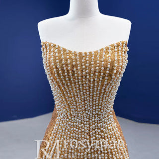 Strapless Gold Sheath Pearl Prom Dress with Boat Neckline