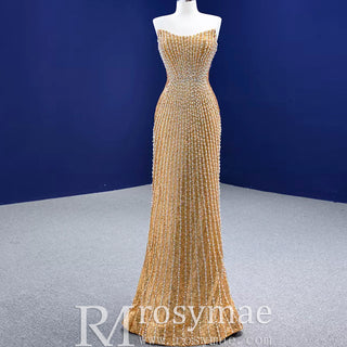 Strapless Gold Sheath Pearl Prom Dress with Boat Neckline