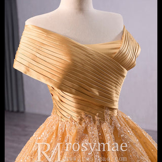 Off the Shoulder Gold Wedding Dress Ball Gown Quinceanera Gown