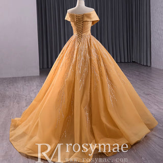 Off the Shoulder Gold Wedding Dress Ball Gown Quinceanera Gown