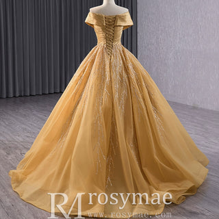 Off the Shoulder Gold Wedding Dress Ball Gown Quinceanera Gown