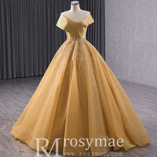 Off the Shoulder Gold Wedding Dress Ball Gown Quinceanera Gown