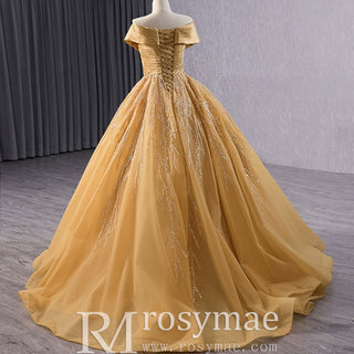 Off the Shoulder Gold Wedding Dress Ball Gown Quinceanera Gown