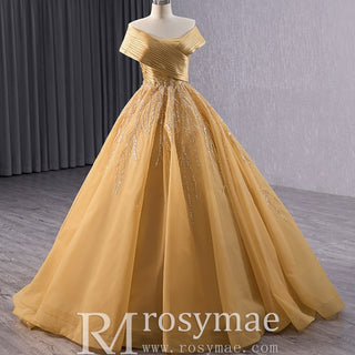 Off the Shoulder Gold Wedding Dress Ball Gown Quinceanera Gown