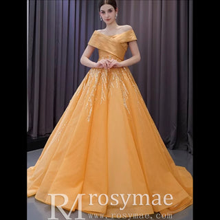 Off the Shoulder Gold Wedding Dress Ball Gown Quinceanera Gown