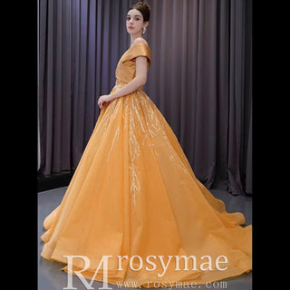 Off the Shoulder Gold Wedding Dress Ball Gown Quinceanera Gown