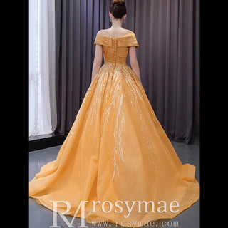 Off the Shoulder Gold Wedding Dress Ball Gown Quinceanera Gown