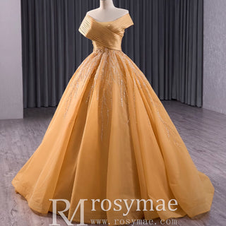 Off the Shoulder Gold Wedding Dress Ball Gown Quinceanera Gown