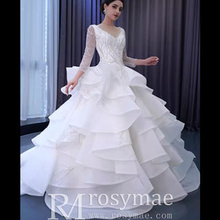 Beaded Lace Apliqued Ruffled Wedding Dresses Long Sleeve Bridal Gown