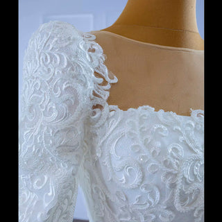 Vintage Beaded Lace Sheer Scoop Wedding Dress with Long Sleeves