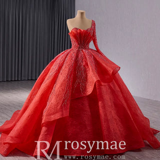 Beaded Lace Ruffle Skirt Quinceanera Dress with One Shoulder