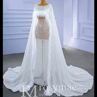 Luxury Beaded Cape Sleeve Sheath Wedding Dress with Feather