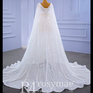 Luxury Beaded Cape Sleeve Sheath Wedding Dress with Feather