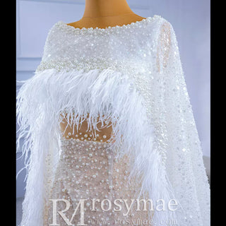 Luxury Beaded Cape Sleeve Sheath Wedding Dress with Feather