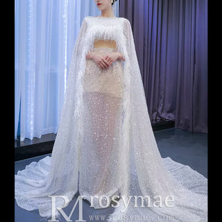 Luxury Beaded Cape Sleeve Sheath Wedding Dress with Feather