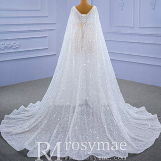 Luxury Beaded Cape Sleeve Sheath Wedding Dress with Feather