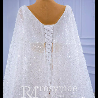 Luxury Beaded Cape Sleeve Sheath Wedding Dress with Feather