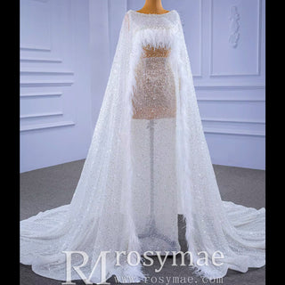 Luxury Beaded Cape Sleeve Sheath Wedding Dress with Feather