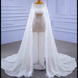 Luxury Beaded Cape Sleeve Sheath Wedding Dress with Feather