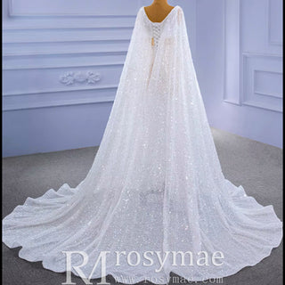 Luxury Beaded Cape Sleeve Sheath Wedding Dress with Feather