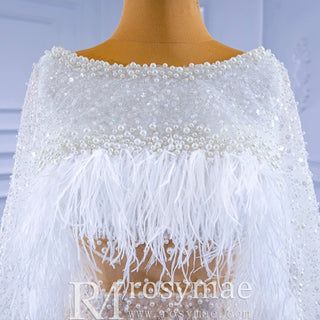 Luxury Beaded Cape Sleeve Sheath Wedding Dress with Feather