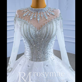 Mock Neck Long Sleeve Ball Gown Wedding Dress Luxury Bridal Gown