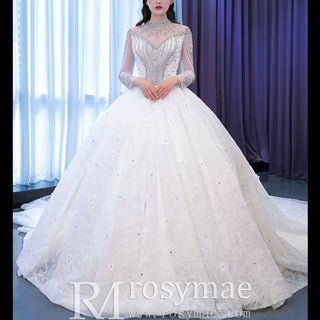 Mock Neck Long Sleeve Ball Gown Wedding Dress Luxury Bridal Gown