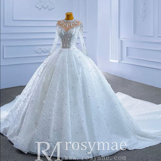 Mock Neck Long Sleeve Ball Gown Wedding Dress Luxury Bridal Gown