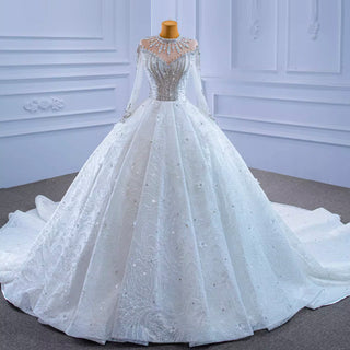 Mock Neck Long Sleeve Ball Gown Wedding Dress Luxury Bridal Gown