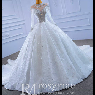 Mock Neck Long Sleeve Ball Gown Wedding Dress Luxury Bridal Gown