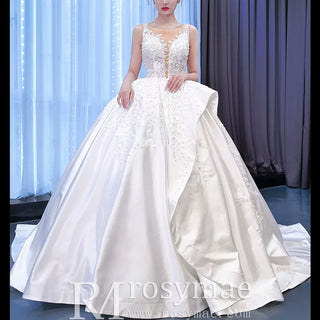 Lace Appliqued Satin Wedding Dress Ball Gown Puffy Bridal Gown