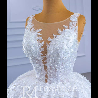 Lace Appliqued Satin Wedding Dress Ball Gown Puffy Bridal Gown