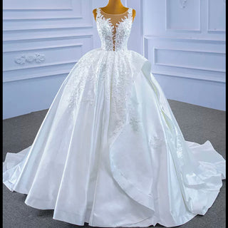 Lace Appliqued Satin Wedding Dress Ball Gown Puffy Bridal Gown