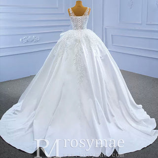 Lace Appliqued Satin Wedding Dress Ball Gown Puffy Bridal Gown