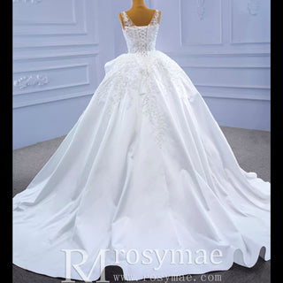 Lace Appliqued Satin Wedding Dress Ball Gown Puffy Bridal Gown