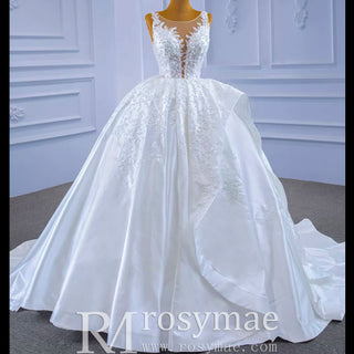 Lace Appliqued Satin Wedding Dress Ball Gown Puffy Bridal Gown