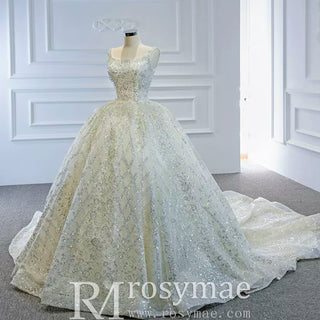 Ball Gown Square Neckline Sparkly Wedding Dress with Big Train