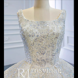 Ball Gown Square Neckline Sparkly Wedding Dress with Big Train