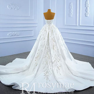 Beaded Handmade Flower Satin Strapless Wedding Dress