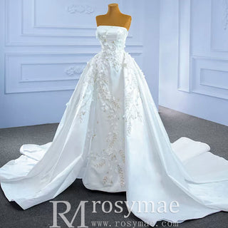 Beaded Handmade Flower Satin Strapless Wedding Dress