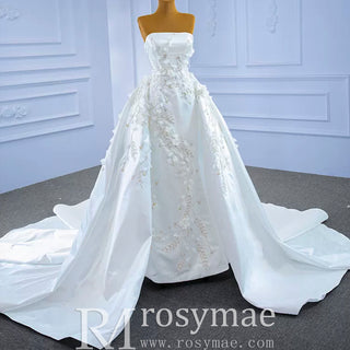 Beaded Handmade Flower Satin Strapless Wedding Dress