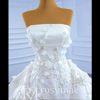 Beaded Handmade Flower Satin Strapless Wedding Dress